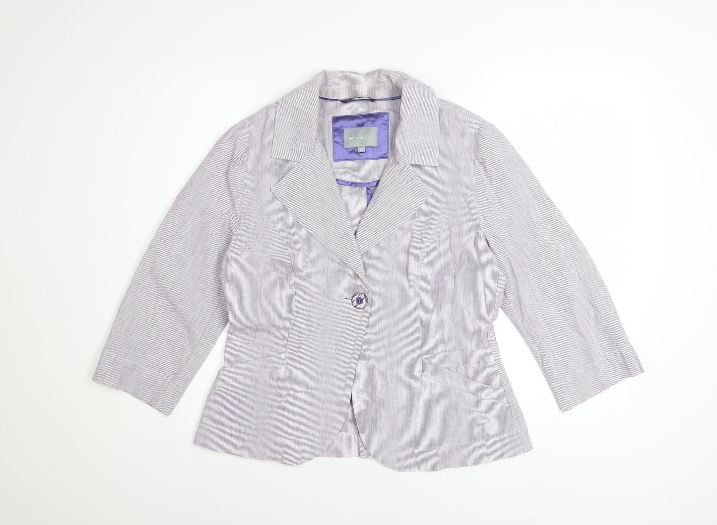 Marks and Spencer Per Una Women Purple Striped Blazer Size 12 Cotton Linen