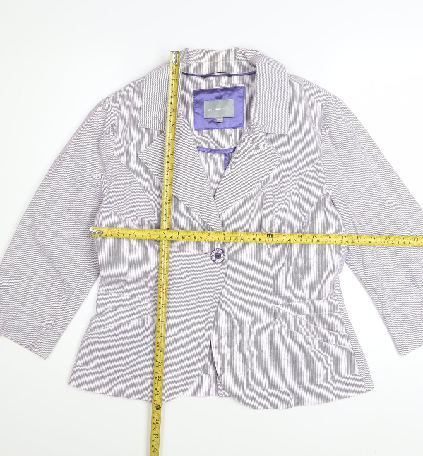 Marks and Spencer Per Una Women Purple Striped Blazer Size 12 Cotton Linen