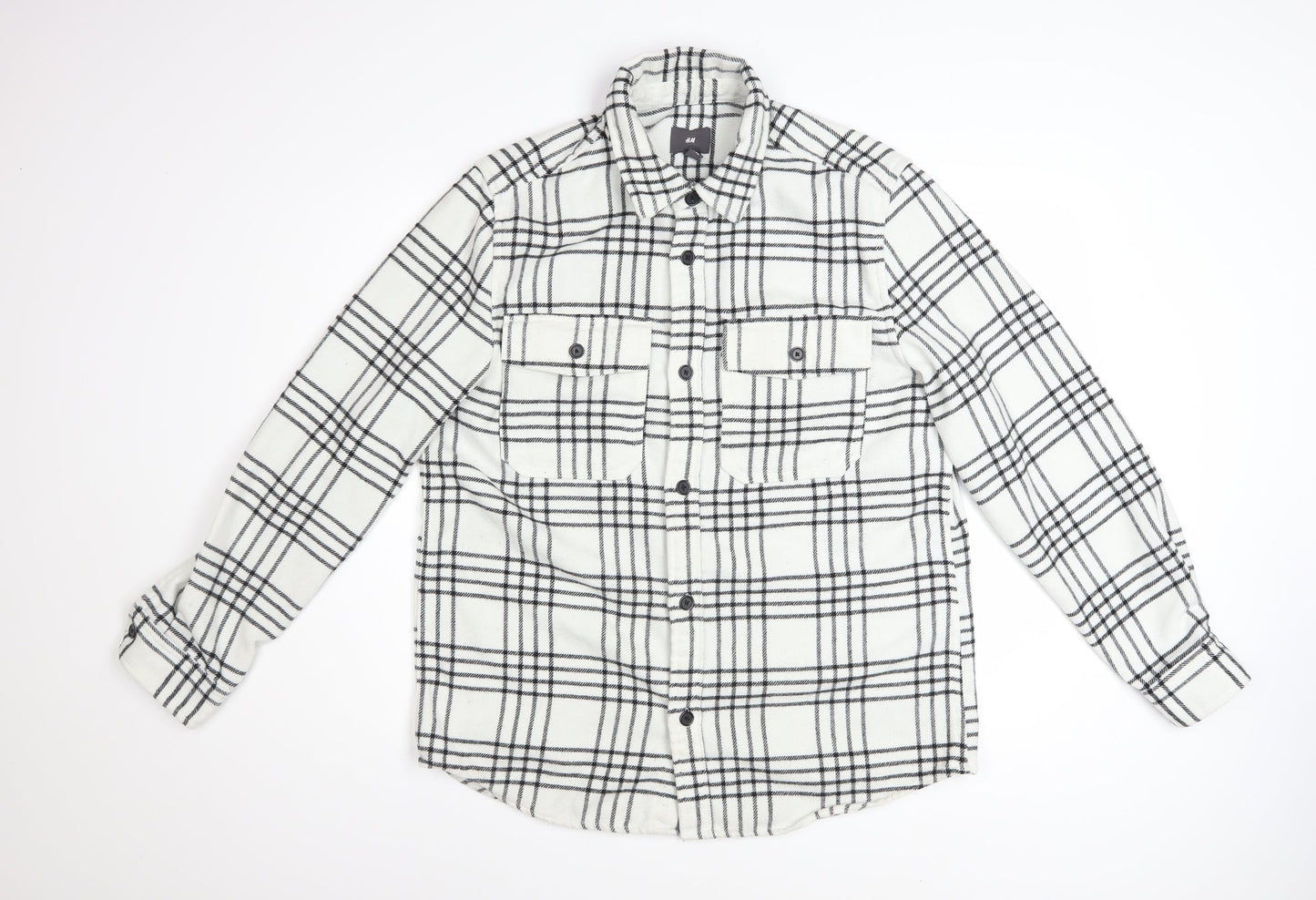 H&M Men's Black & White Checked Long Sleeve Button-Up Shirt Size M