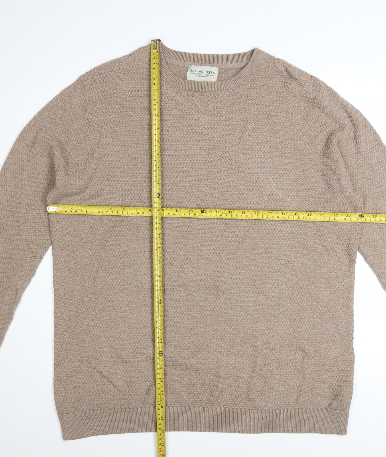 Racing Green Men's Beige Cotton Waffle Knit Jumper XL Crew Neck