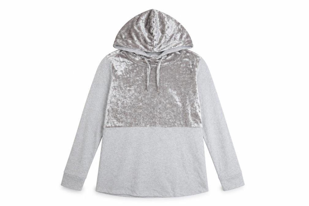 Front view of Only women’s grey velour panel hooded pullover sweatshirt m