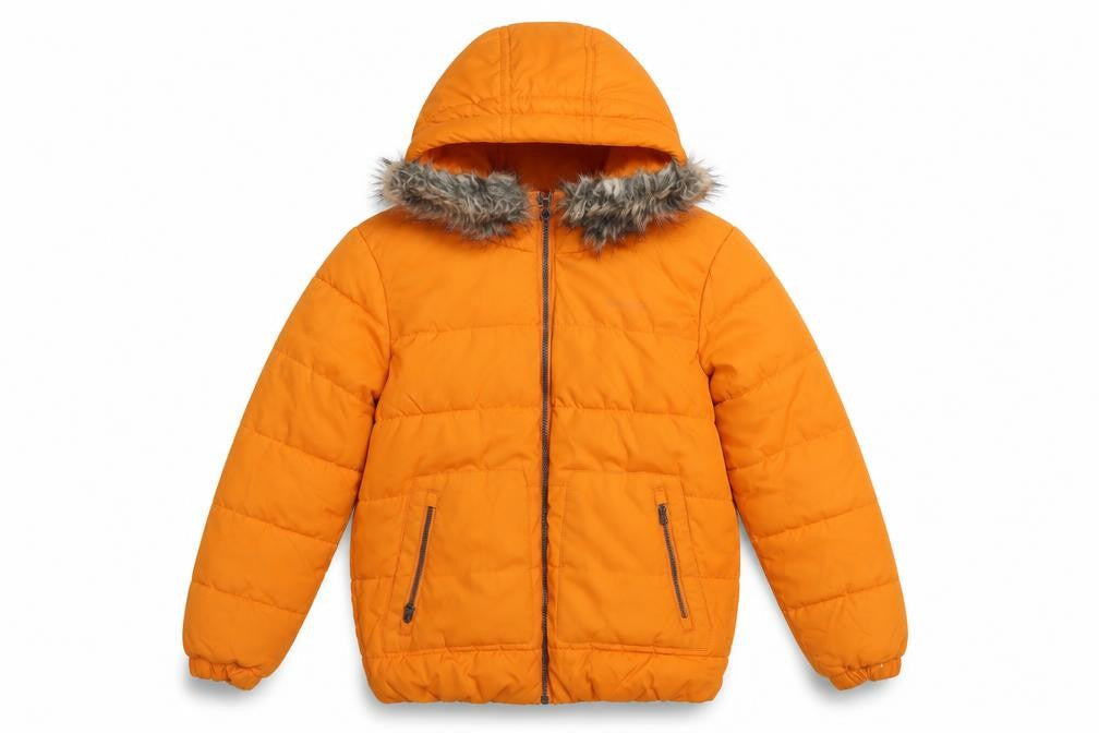 Front view of Regatta boys’ orange 11-12 years puffer jacket faux fur hooded winter coat