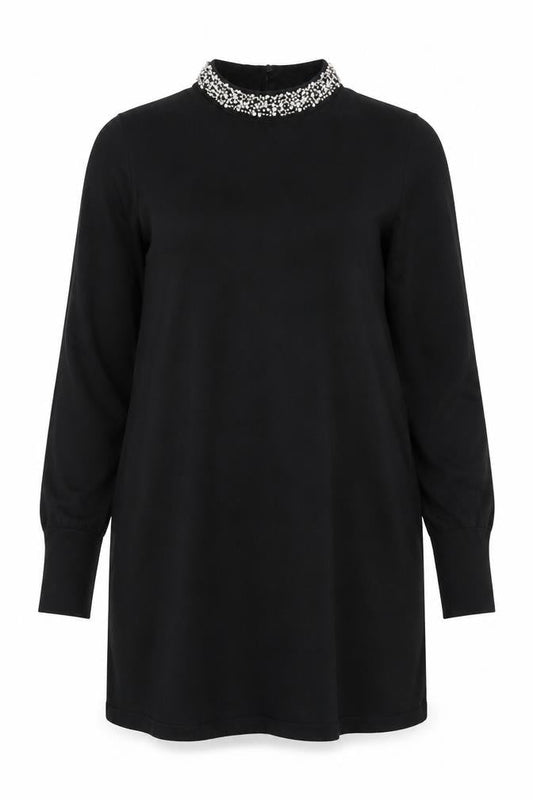 Warehouse Women's Black Beaded Neck Long Sleeve Shift Dress Size 14