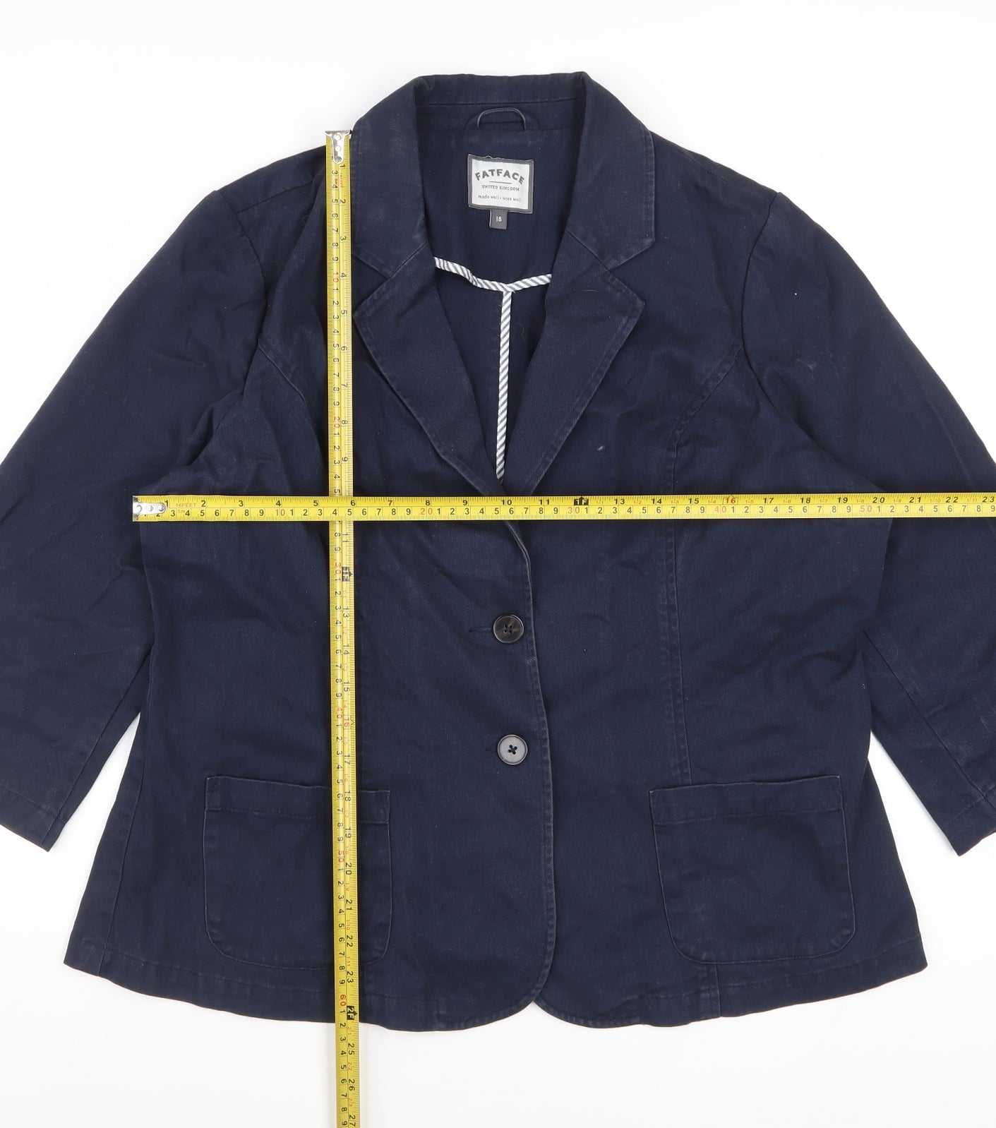 FatFace Women's Blue Cotton 3/4 Sleeve Blazer Jacket Size 18