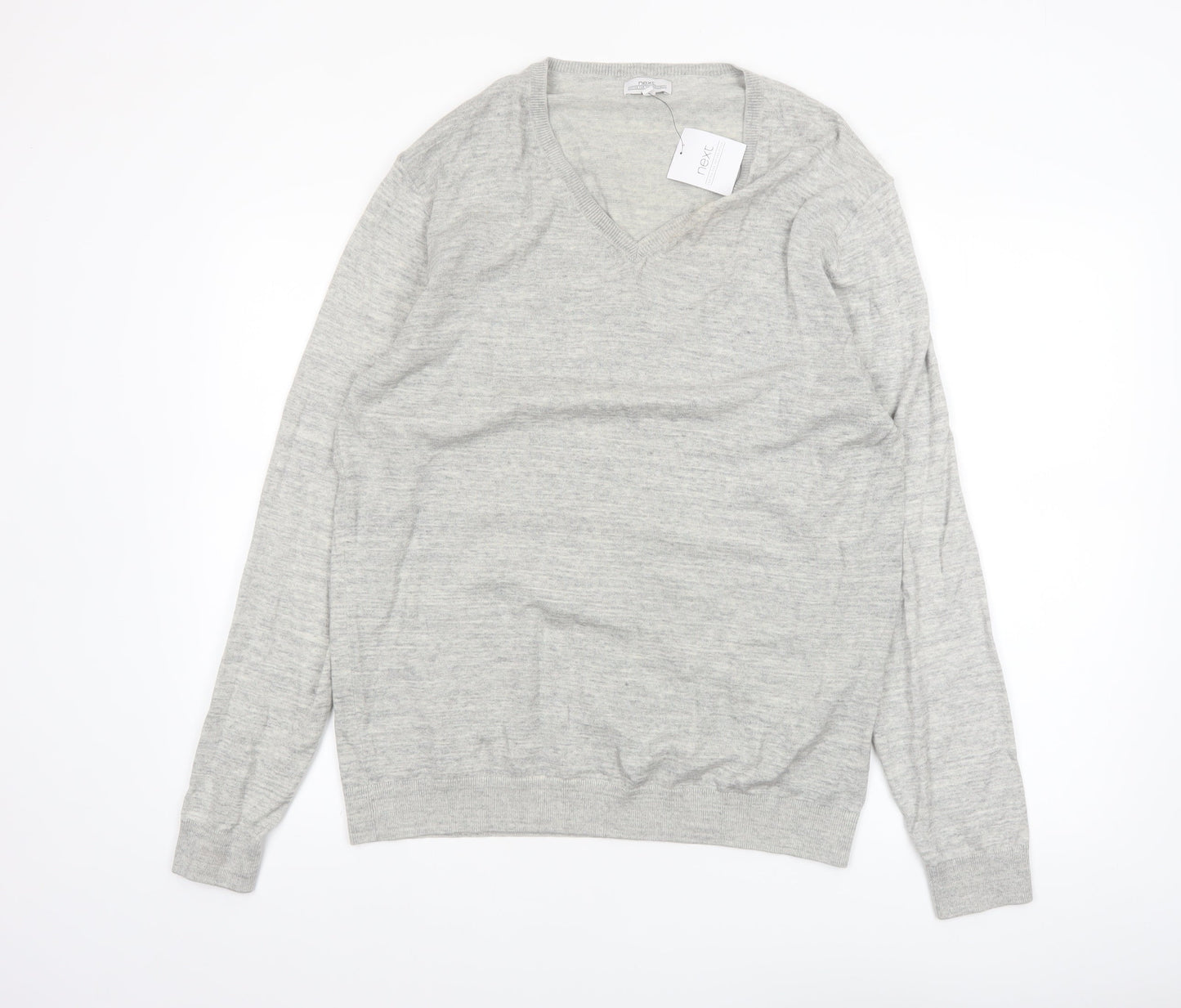 Next Men's Grey Cotton V-Neck Jumper Size L Lightweight Knit