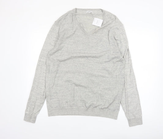 Next Men's Grey Cotton V-Neck Jumper Size L Lightweight Knit
