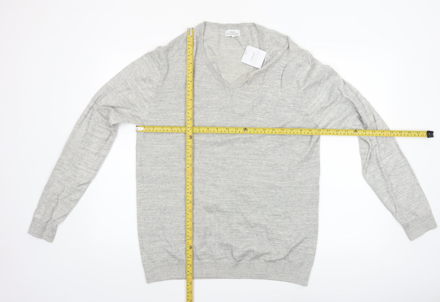 Next Men's Grey Cotton V-Neck Jumper Size L Lightweight Knit