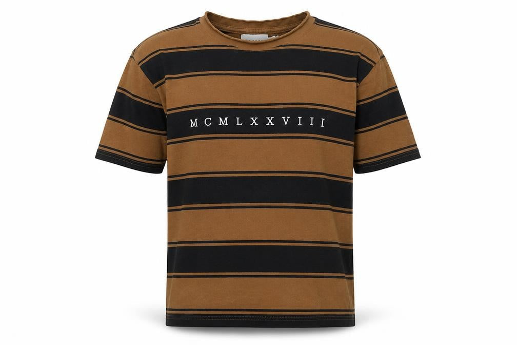 Topman Men's Brown Striped Retro Crew Neck Cotton T-Shirt M
