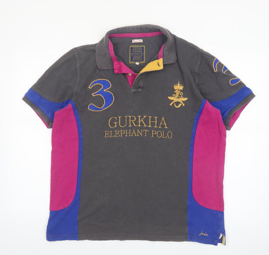 Joules Men's Grey Polo Shirt L Gurkha Elephant Polo Embroidered Cotton
