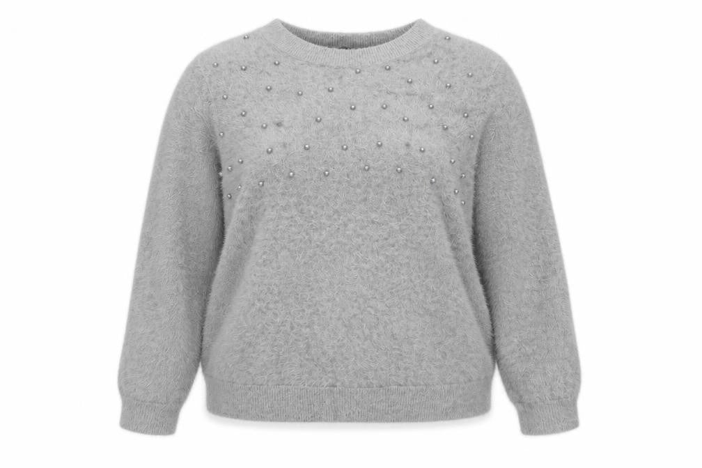 Klass Women's Grey Beaded Crew Neck Pullover Jumper Size L