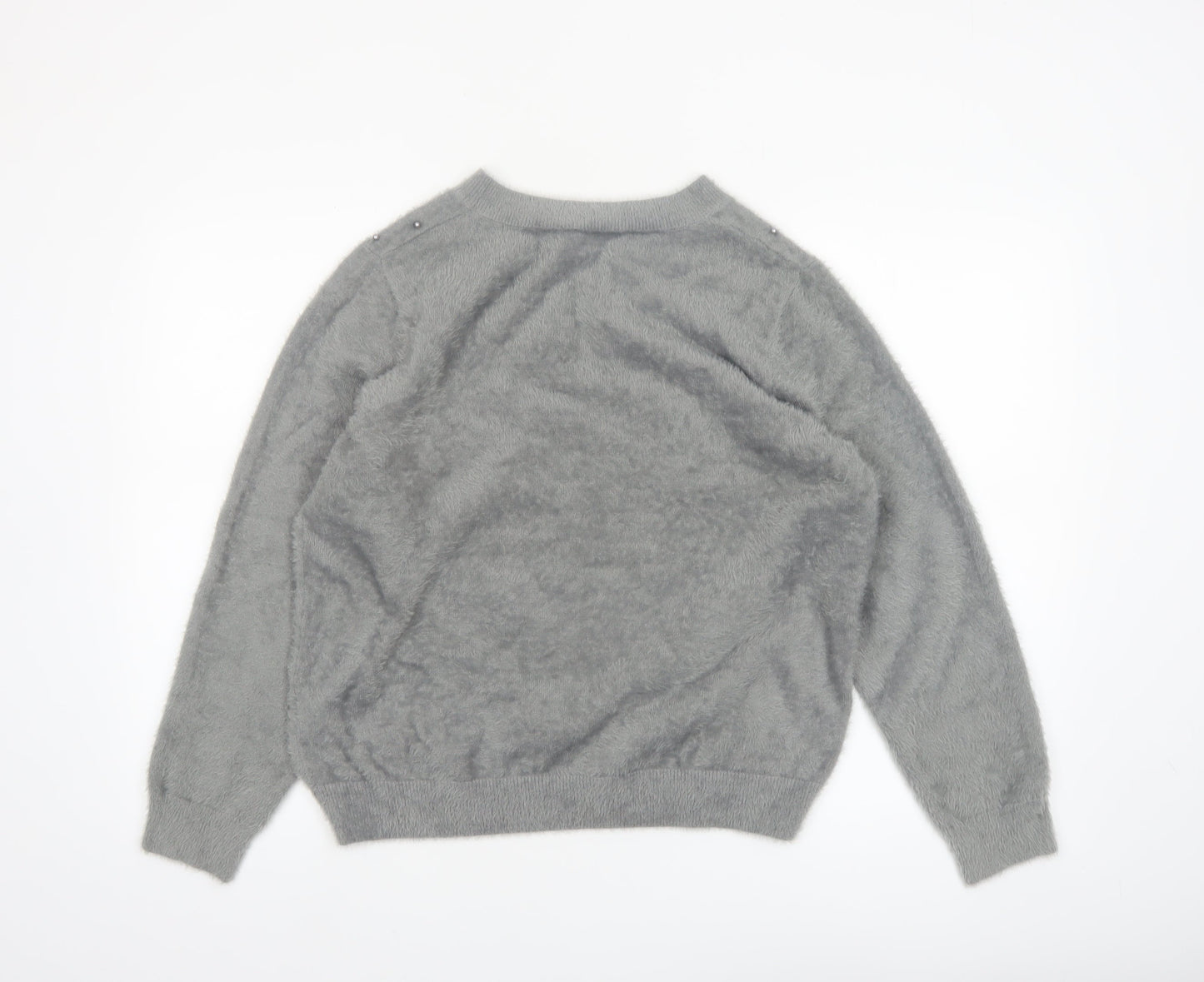 Klass Women's Grey Beaded Crew Neck Pullover Jumper Size L