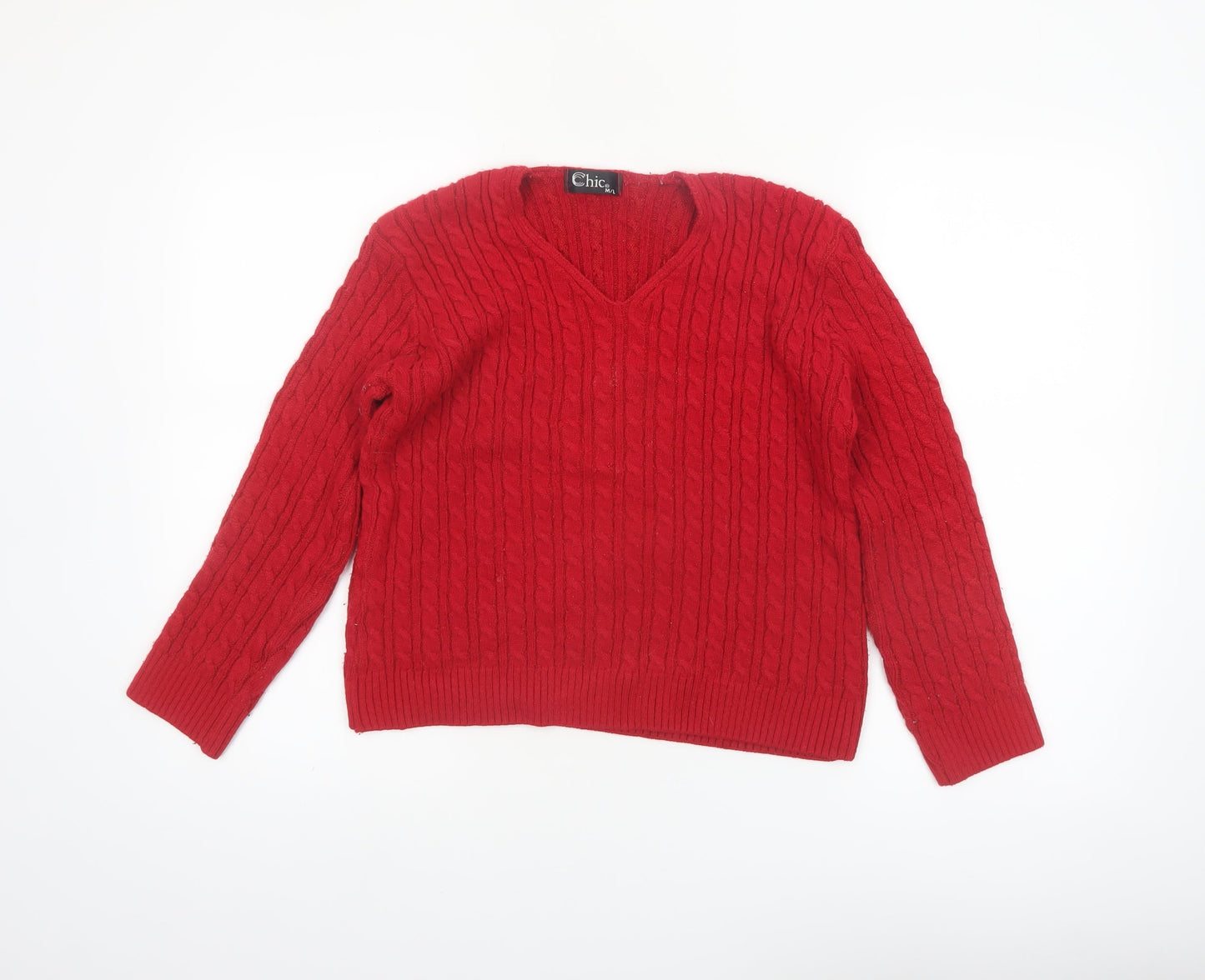 Chic Womens Red Cable-Knit V-Neck Pullover Jumper M/L