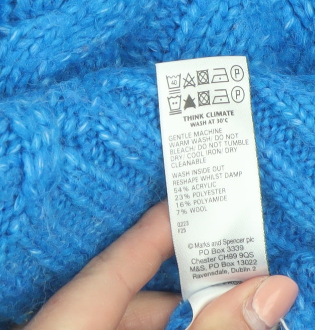 Marks and Spencer Per Una Women's Blue Roll Neck Cable-Knit Jumper L
