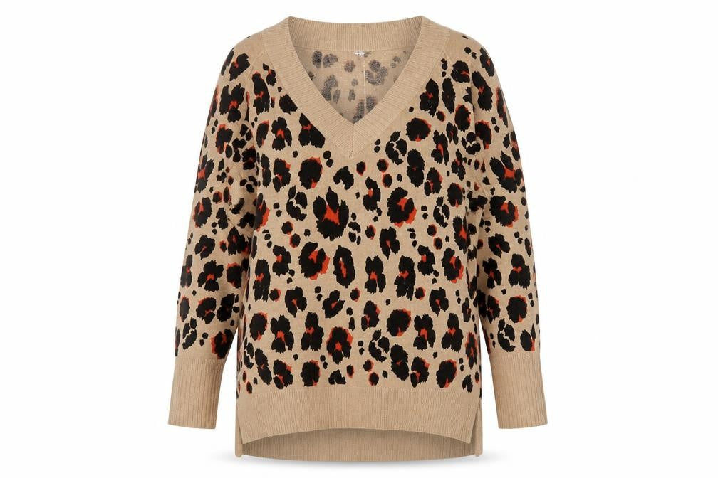 Next Women's Beige Leopard Print V-Neck Acrylic Jumper L