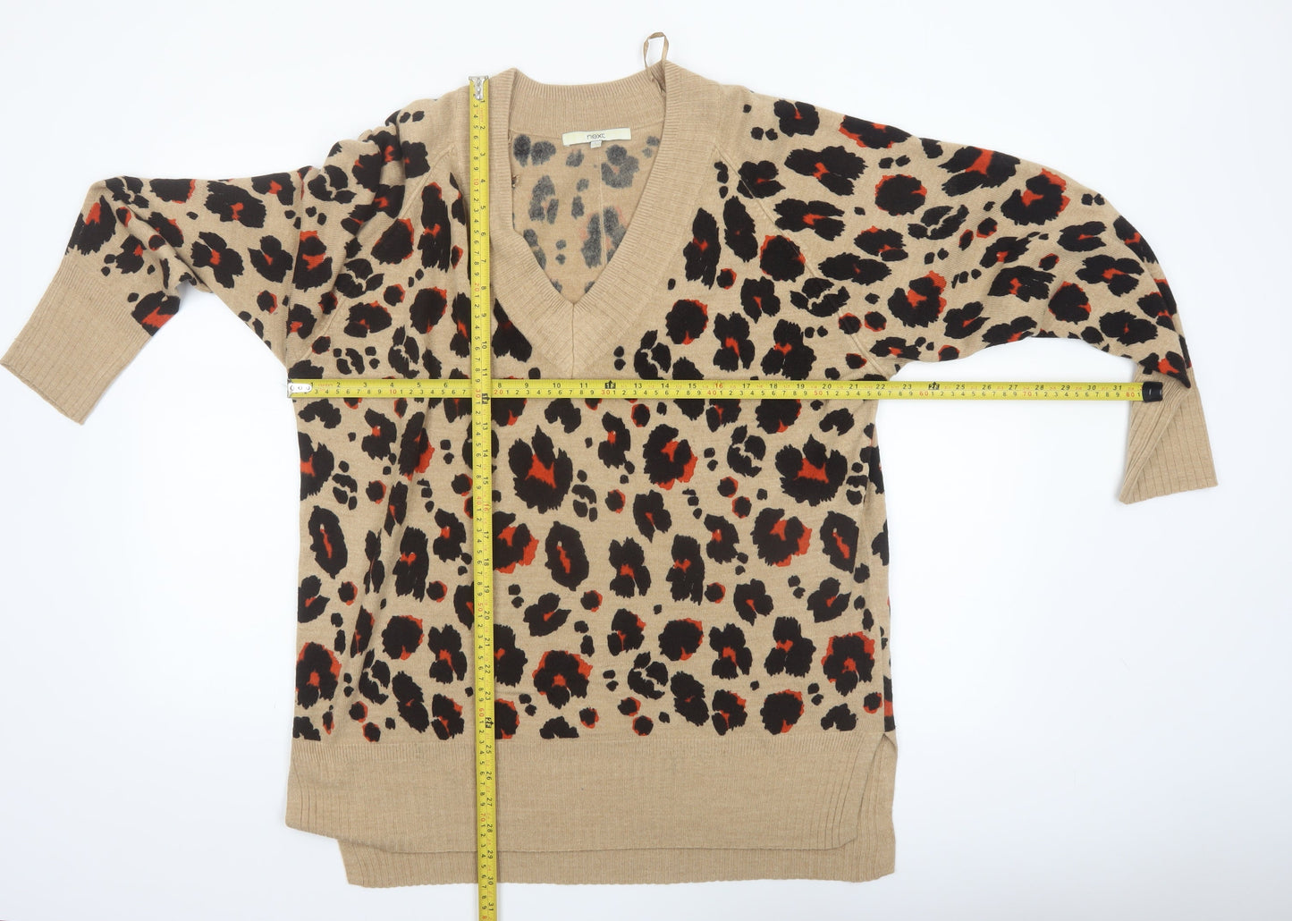 Next Women's Beige Leopard Print V-Neck Acrylic Jumper L