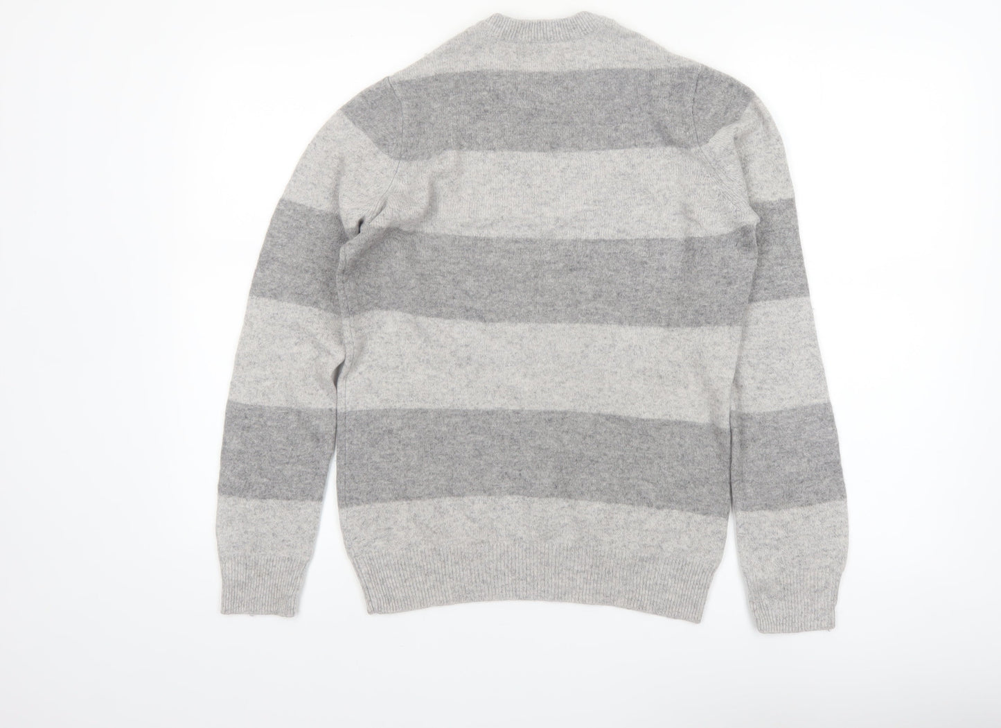 Marks and Spencer Men's Grey Striped Lambswool Crew Neck Jumper XS
