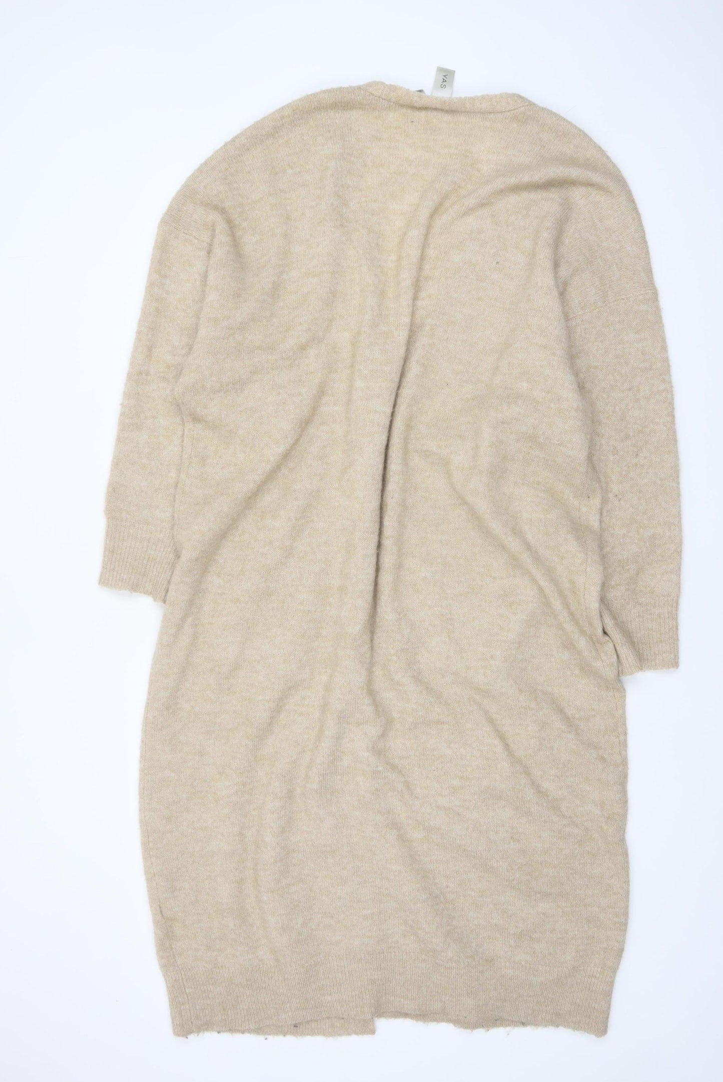 Y.A.S Women Beige Long Knit Cardigan L Open Front Pockets Relaxed Fit