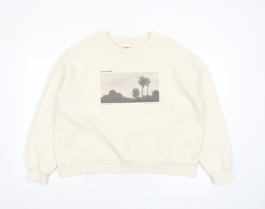 Pull&Bear Women Beige Graphic Print Pullover Sweatshirt Size S