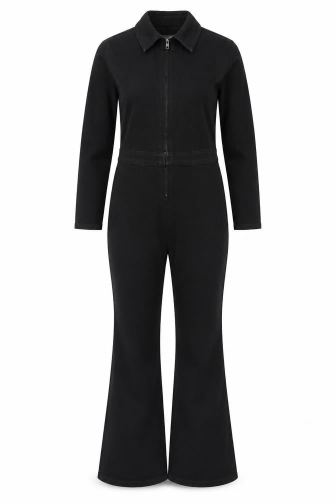 Front view of ASOS DESIGN Women's Black Cotton Blend Zip Front Long Sleeve Jumpsuit, size 4