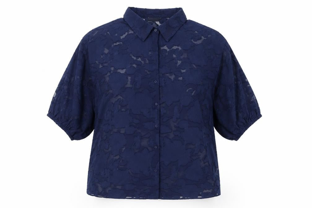 Front view of Only Carmakoma Women's Blue Sheer Floral Button-Up Blouse, size S