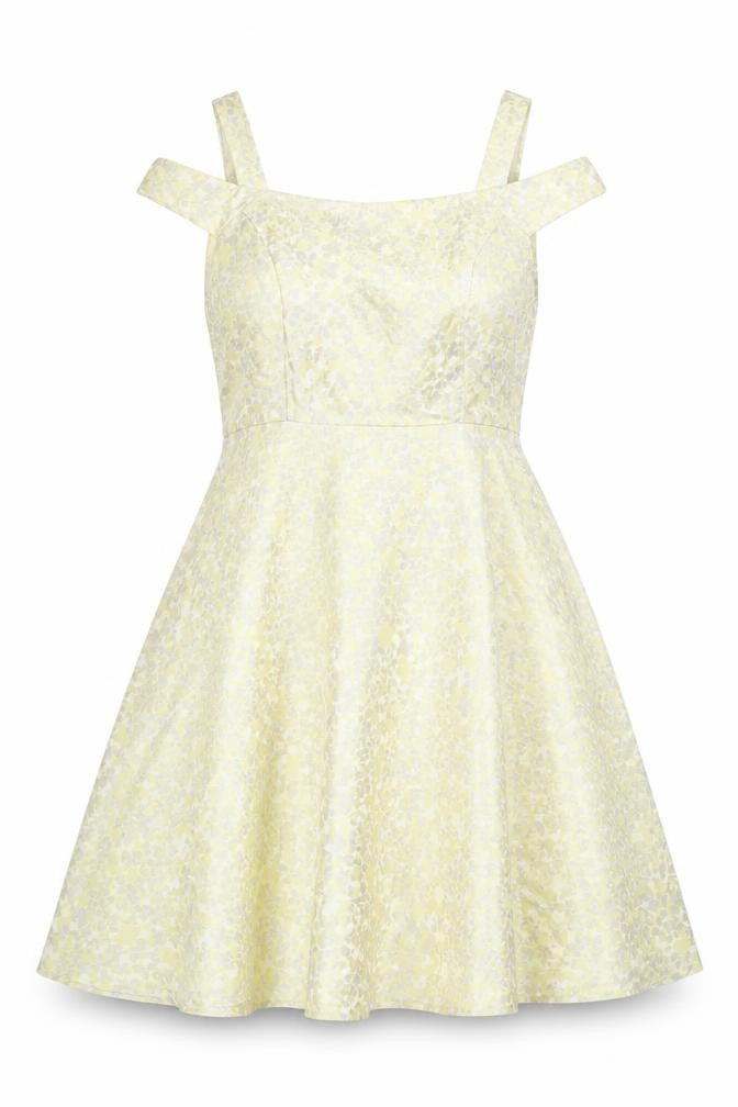Front view of Collection London Women’s Yellow Floral Fit & Flare Dress, size UK 12