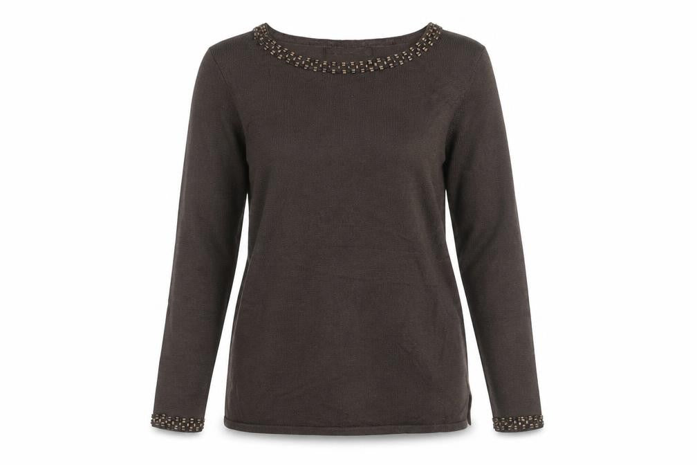 Jones New York Women’s Brown Beaded Boat Neck Long Sleeve Pullover Jumper Size M