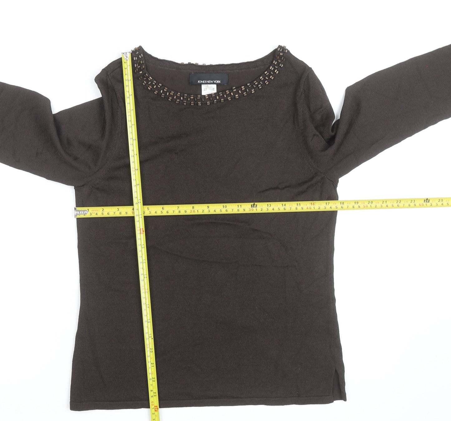 Jones New York Women’s Brown Beaded Boat Neck Long Sleeve Pullover Jumper Size M