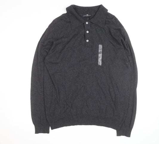 Cambridge Classics Men's Grey Collared Long Sleeve Cotton Blend Polo M