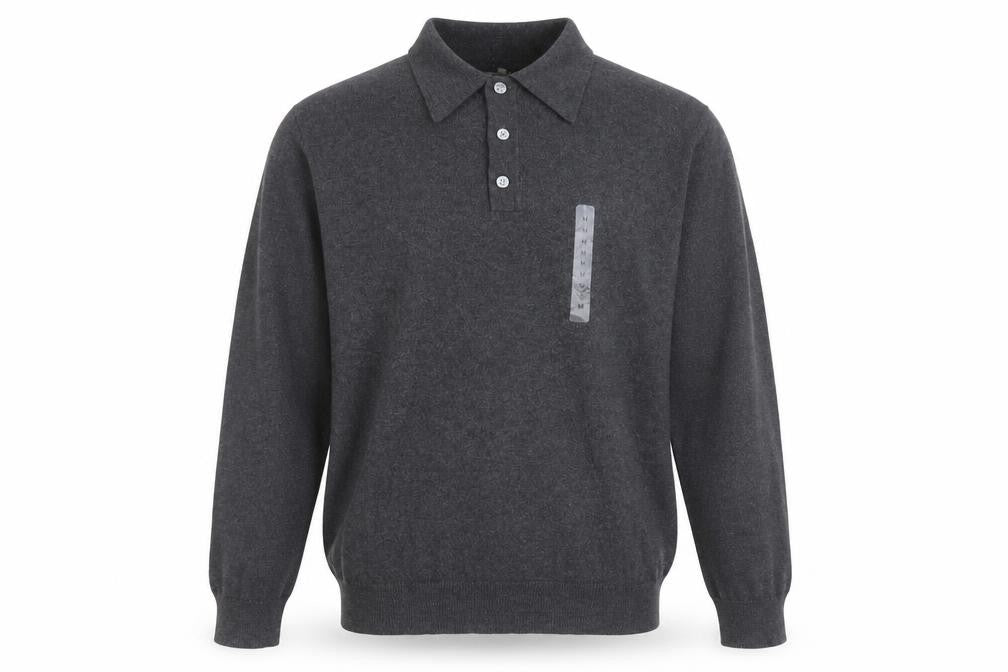 Cambridge Classics Men's Grey Collared Long Sleeve Cotton Blend Polo M
