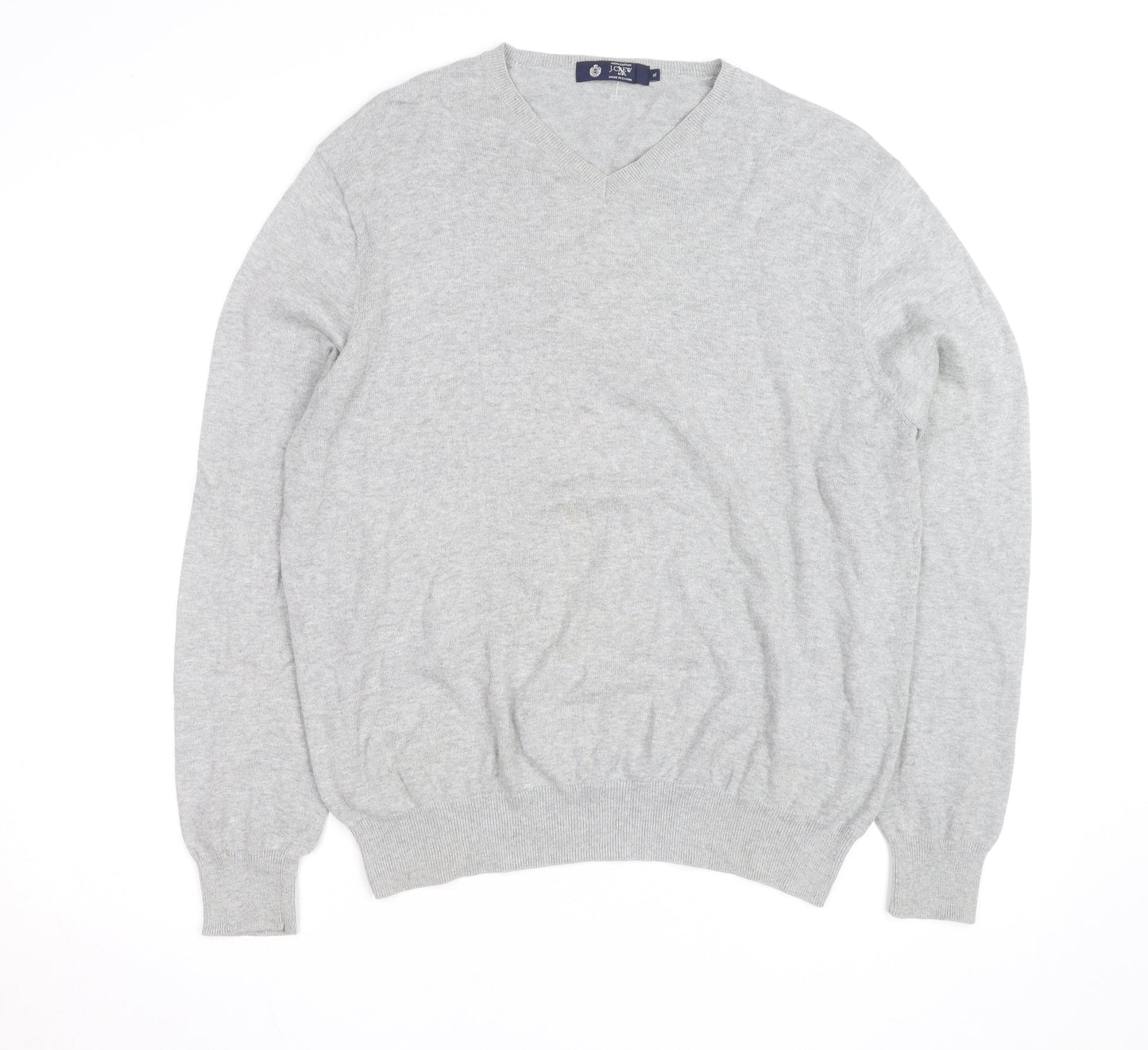 J.Crew Mens Grey Cotton V-Neck Jumper XL Classic Knit Pullover