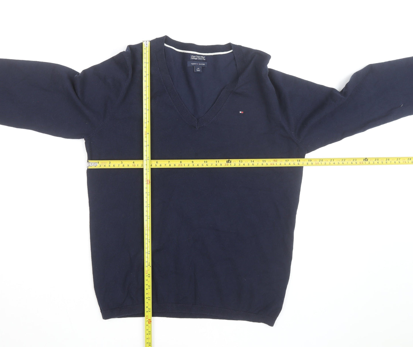 Tommy Hilfiger Men's Blue V-Neck Cotton Pullover Jumper L
