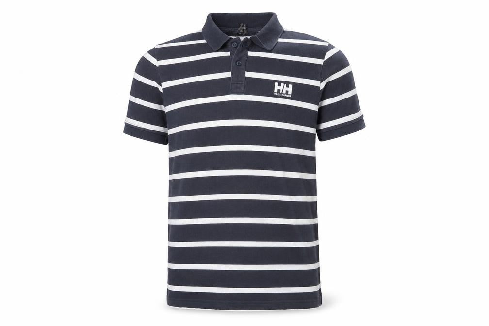 Front view of Helly Hansen Men's Blue Striped Cotton Polo Shirt, size M