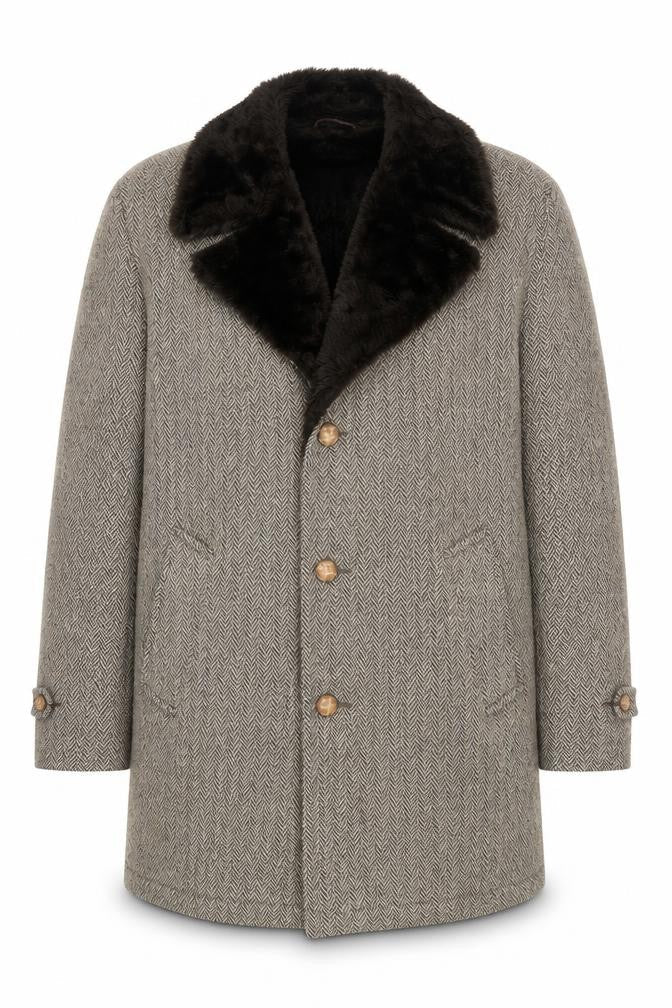 Cresco Men's Grey Wool Tweed Overcoat with Faux Fur Collar Size 40
