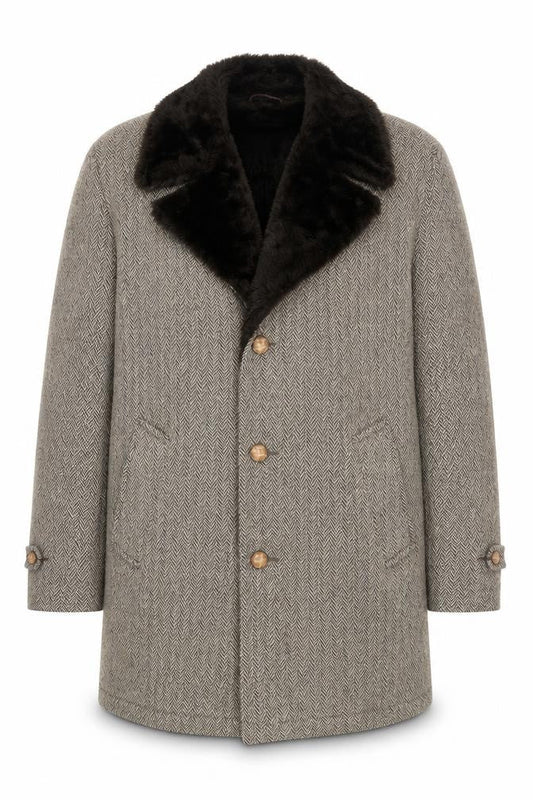 Cresco Men's Grey Wool Tweed Overcoat with Faux Fur Collar Size 40