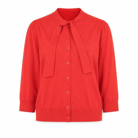 L.K.Bennett Red Silk Cotton Bow Cardigan S Unisex 3/4 Sleeve