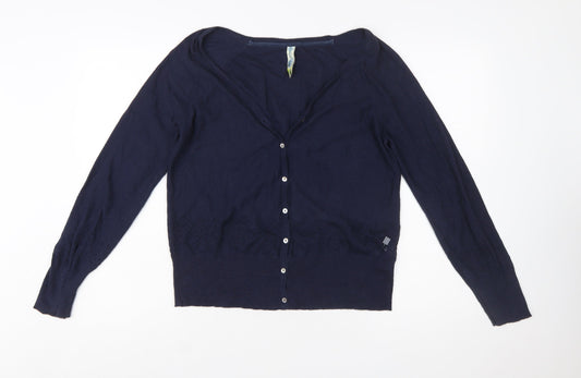 Weird Fish Women Blue Size 10 Cotton V-Neck Button Cardigan