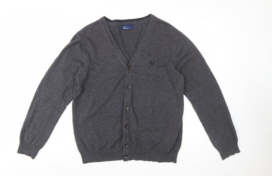Fred Perry Men's Grey Cotton V-Neck Button Cardigan L
