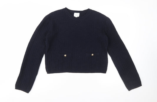 H&M Women's Blue Chunky Knit Cotton Acrylic Crew Neck Jumper Size 12