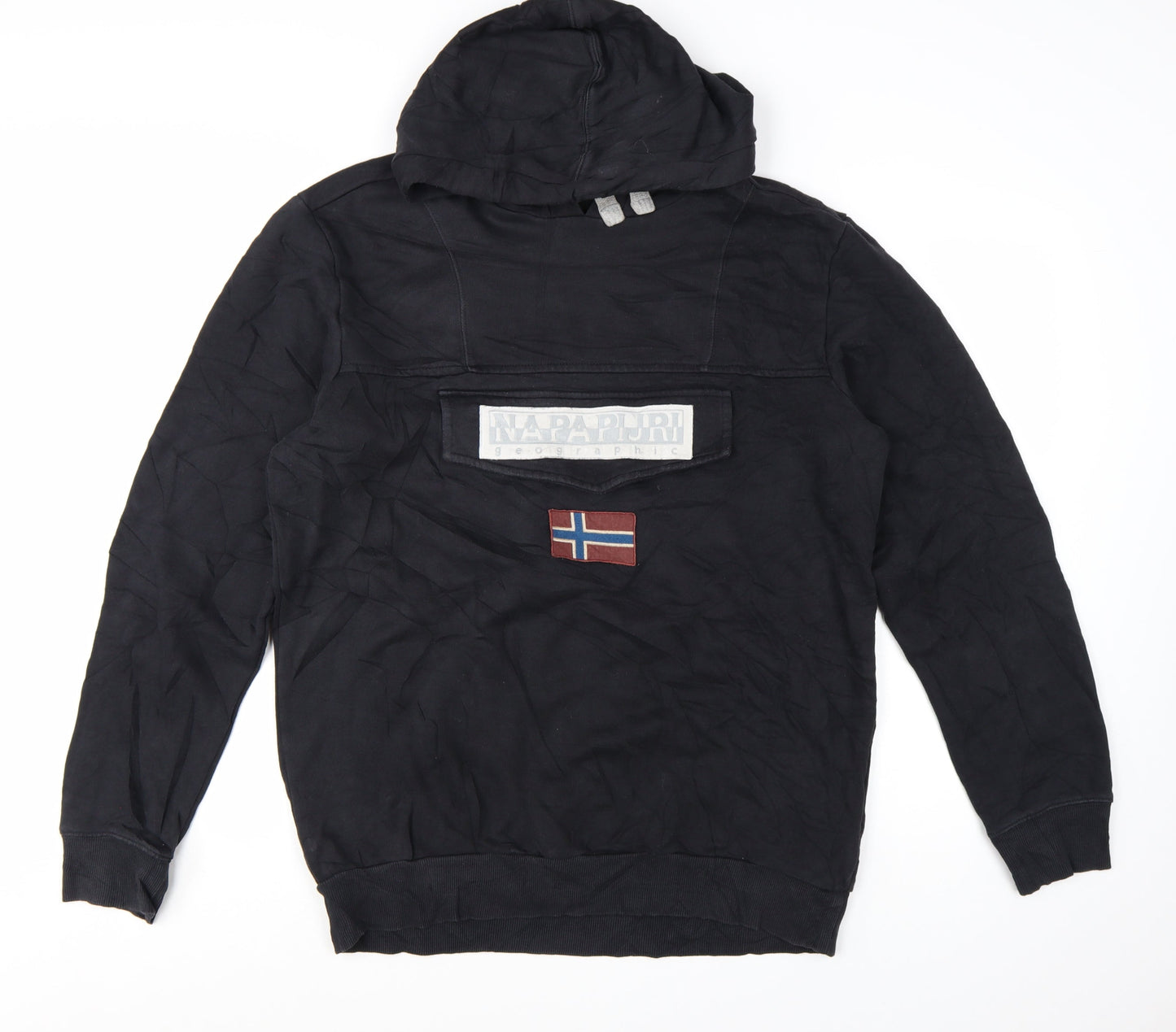 Napapijri Men's Black XL Pullover Hoodie with Logo Flag Patch