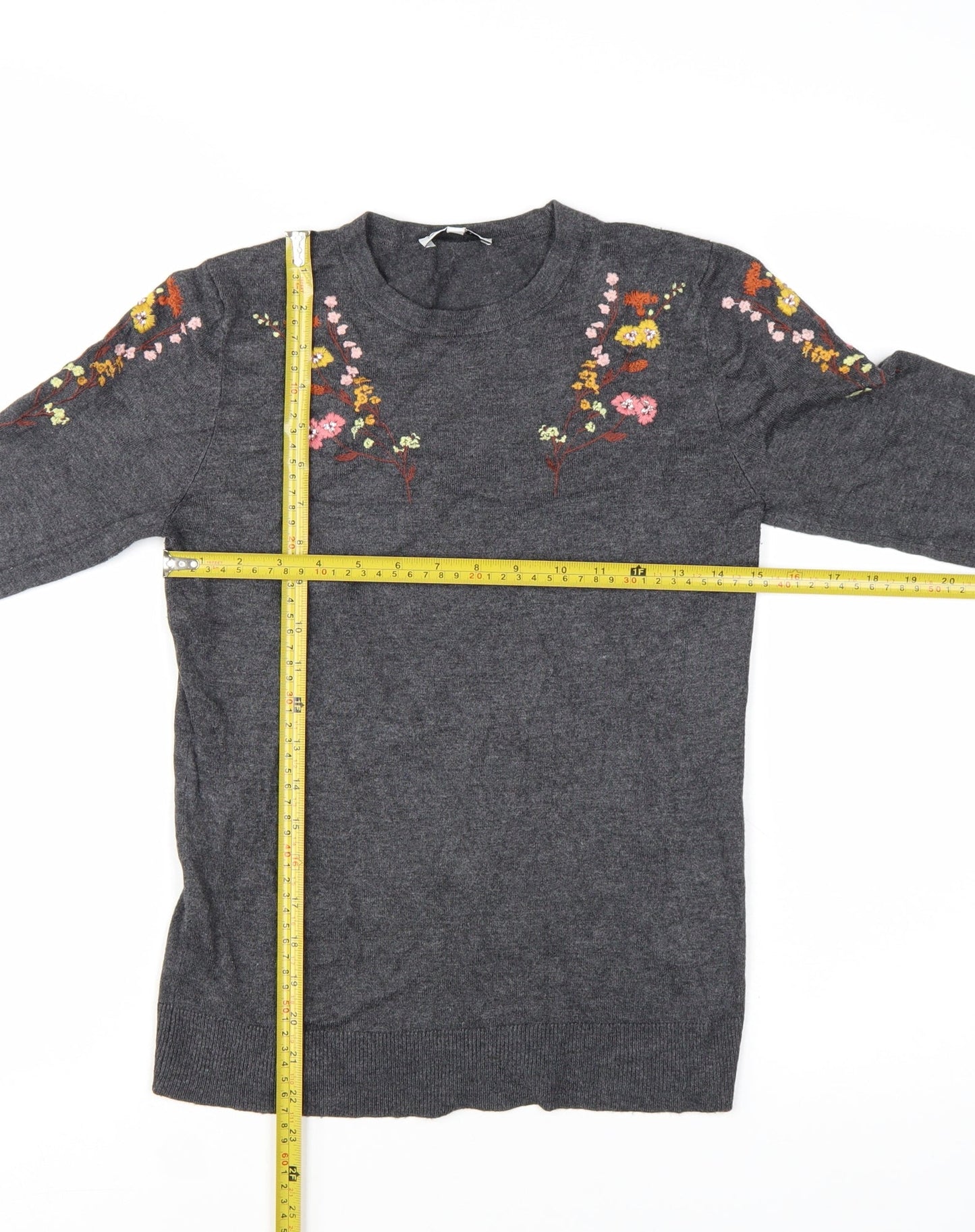 Warehouse Women’s Grey Floral Embroidered Knit Jumper Size 8