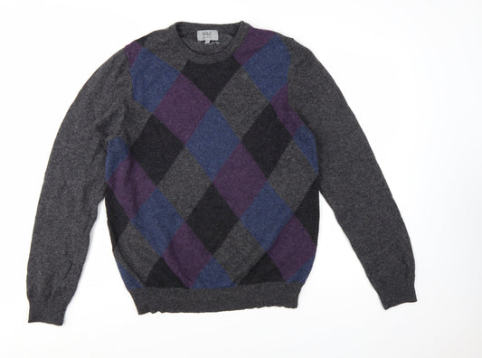 Marks and Spencer Men's Grey Argyle Wool Jumper L Classic Fit