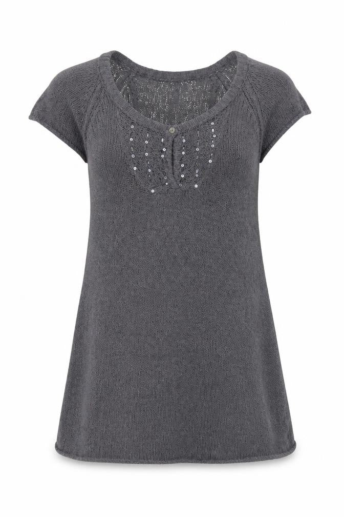 White Stuff Women's Grey Tunic Jumper Size 12 Beaded Knit Short Sleeve