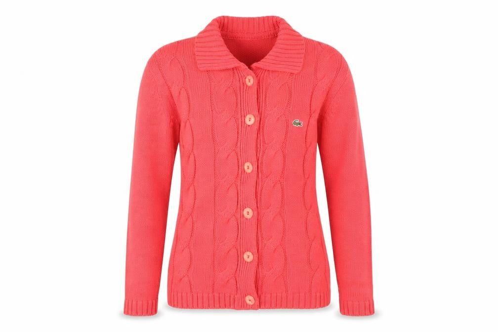 Front view of Lacoste Women's Pink Collared Cable-Knit Cotton Cardigan XL
