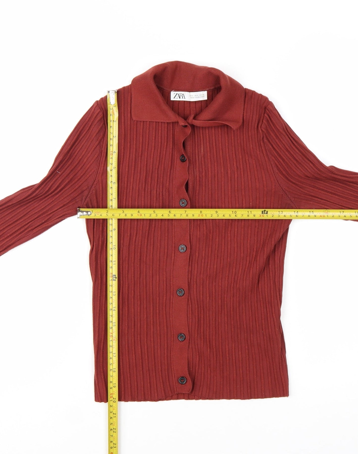 Zara Women's Red Collared Ribbed Button-Up Knit Cardigan Size S
