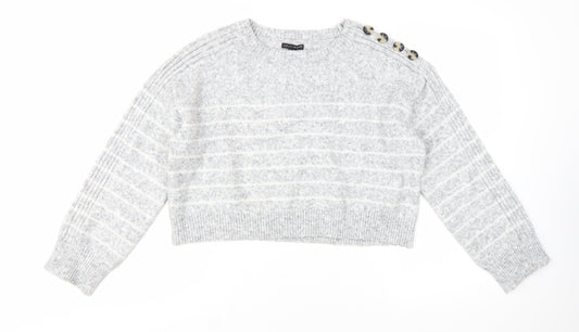 River Island Womens Grey Striped Crew Neck Button Detail Jumper Size M