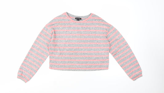 New Look Women's Grey Pink Striped Cropped Long Sleeve T-Shirt Size S