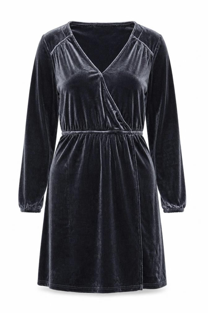 FatFace Women Grey Velvet Wrap Dress Size 16 Long Sleeve Belted