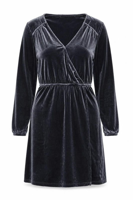 FatFace Women Grey Velvet Wrap Dress Size 16 Long Sleeve Belted