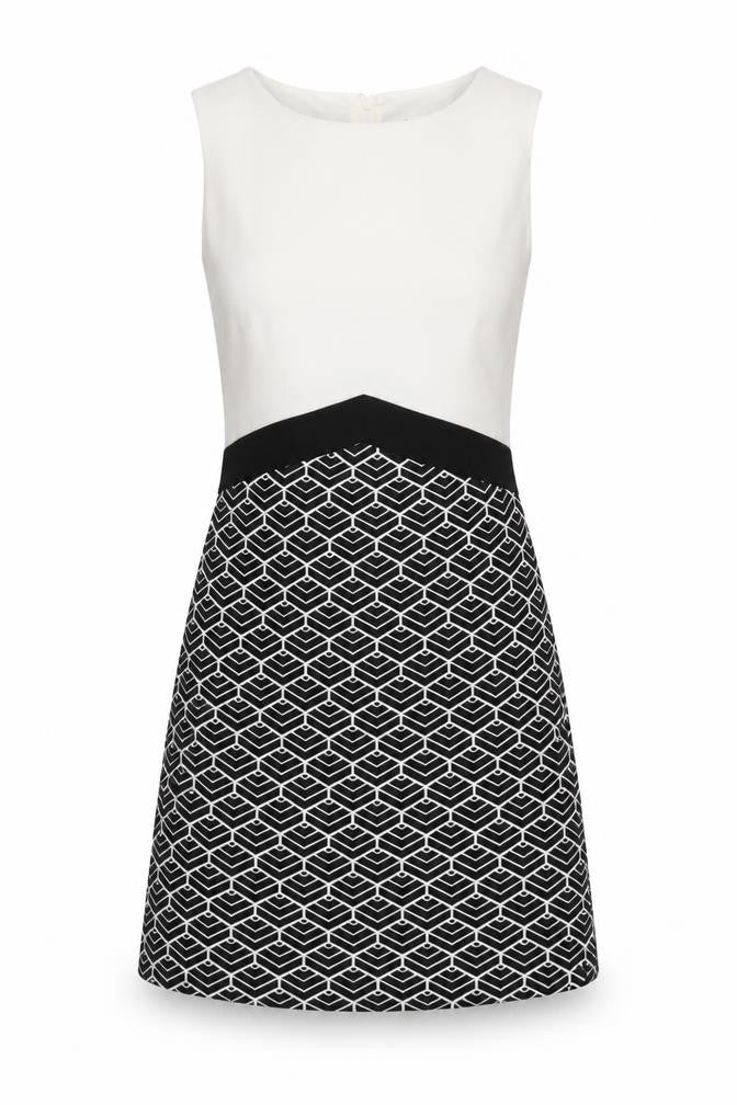 Front view of Miss Selfridge Women’s Black & White Geometric Shift Dress UK 8