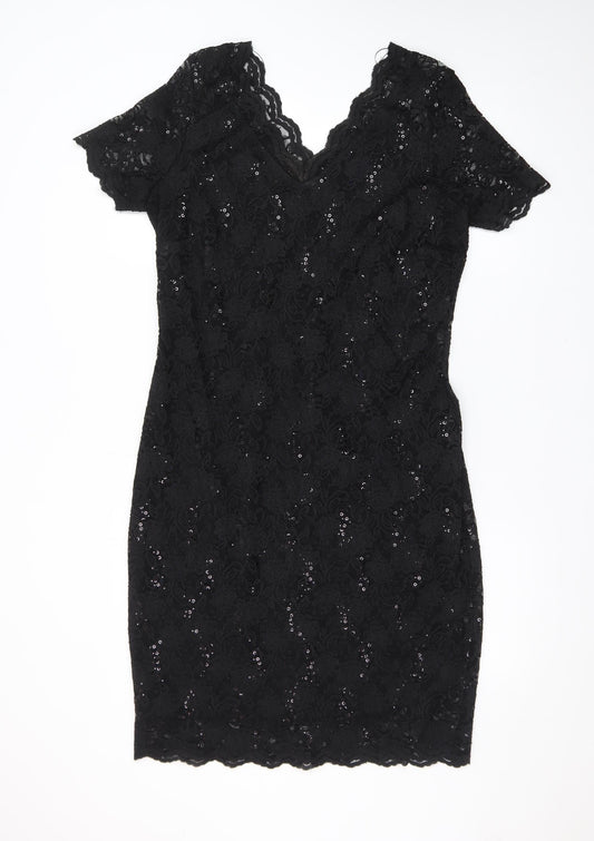 George Women Black Lace Sequin Bodycon Knee Length Dress Size 16